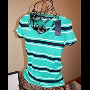 NWT Tommy Hilfiger Green Striped Classic T Shirt